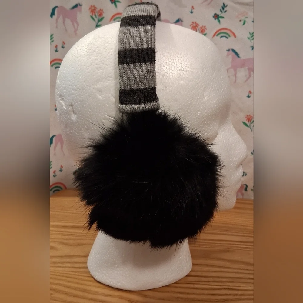 EUC Michael Kors Black & Grey Stripe Rabbit Fur Warm Casual Ear Muffs